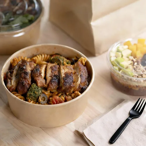 Miniatura 6 de Retainbre Paquete de 50 unidades 25 oz Cuencos de papel desechables con tapas y tenedores para ensaladas para llevar, recipientes para comida fría