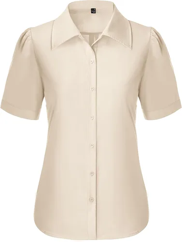 Miniatura 15 de Gleeivy Camisas de botones para mujer de manga corta abombada, camisas de vestir abotonadas con cuello ajustado, blusa superior de trabajo