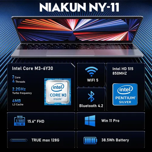 Miniatura 2 de NIAKUN Laptop Window 11 Pro 2026, 15.6 pulgadas de regazo superior, 16 GB de RAM 256 GB SSD PC, procesador M3-6Y30, pantalla FHD, WIFI5, BT4.2