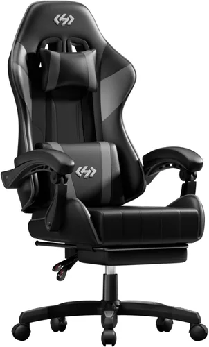 Miniatura 8 de HLDIRECT Silla de juegos, silla ergonómica de oficina para computadora con soporte lumbar, reposapiés, reposacabezas, piel sintética, giro de 360°