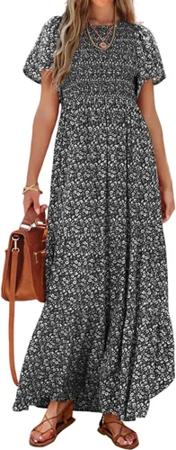 PRETTYGARDEN - Vestido largo casual de verano para mujer, manga corta acampanada, bohemio, floral, cuello redondo, vestido blusón, escalonado