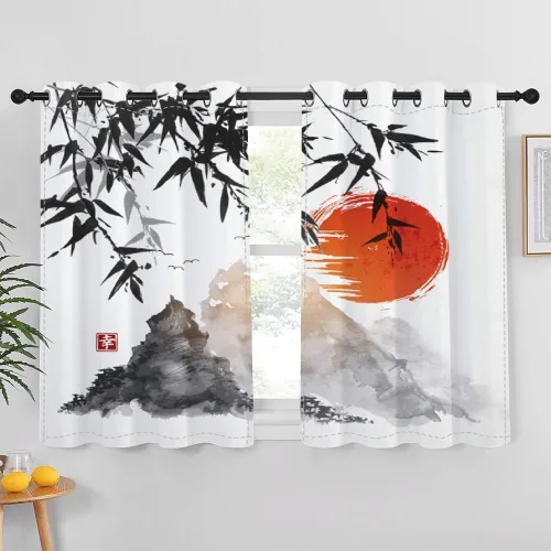 Miniatura 47 de Cortinas japonesas con pintura de tinta, monte Fuji, sol rojo, puesta de sol, hojas de bambú, cortinas de ventana para dormitorio, sala de estar