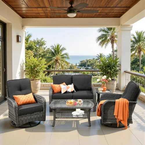 Miniatura 26 de CAODOC Juego de muebles de mimbre para patio, 4 piezas, para todo tipo de clima, sofá biplaza y mesa para patio trasero, balcón y terraza