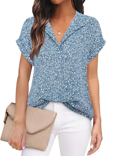 Timeson - Blusas de chifón de manga corta para mujer, camisas con cuello para oficina, trabajo, negocios