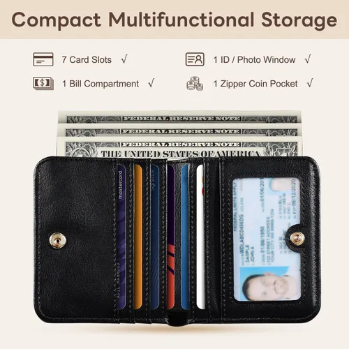 Miniatura 2 de Cartera pequeña para mujer, con bloqueo RFID, de cuero, plegable, compacta, tarjetero para mujer, con cremallera, bolsillo para monedas, ventana