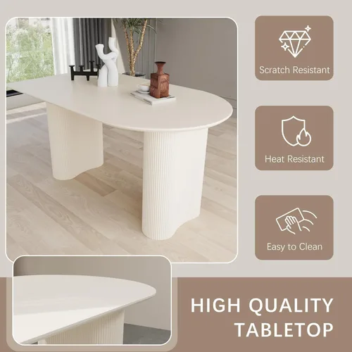 Miniatura 4 de Juego de mesa de comedor moderna para 6, 7 piezas, color crema, mesa de comedor ovalada blanca de 63 pulgadas con 6 sillas beige para apartamento, 1