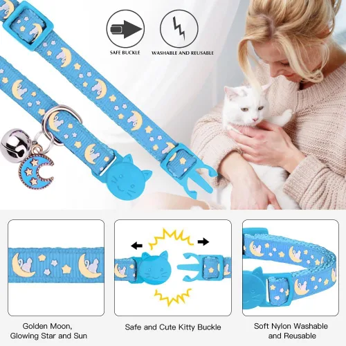 Miniatura 2 de Baeuppit 2 collares de gatos separables para niños y gatos, ajustables, con campana, color negro y azul claro Negro + azul claro