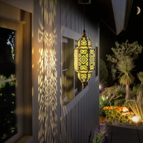 Miniatura 6 de Twinkya Paquete de 2 luces solares colgantes para jardín, farol solar decorativo para exteriores, impermeables, de metal, marroquí, decoraciones al