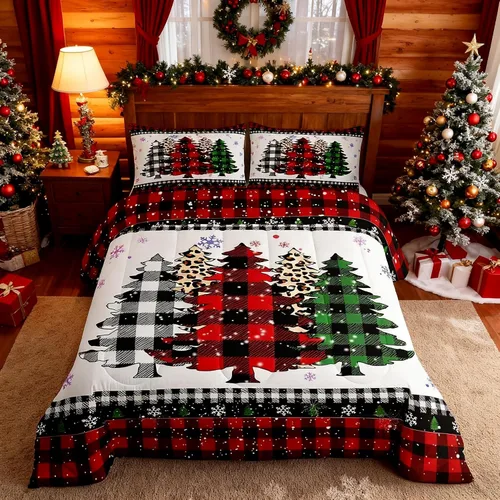Miniatura 10 de Juego de edredón de Feliz Navidad para niños, tamaño twin, juego de ropa de cama de camión rojo árboles de pino copos de nieve, decoración