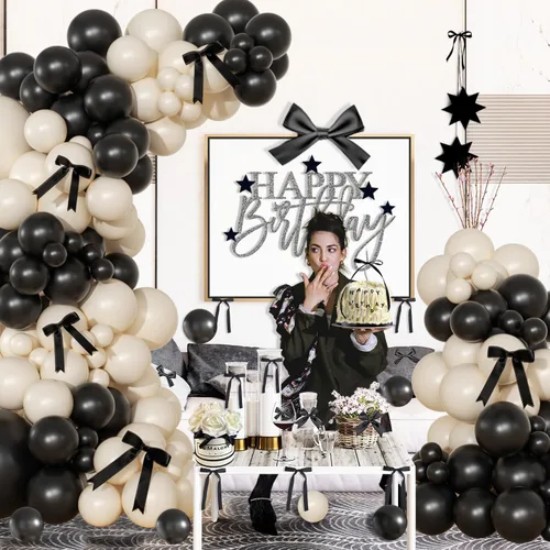 Miniatura 6 de Kit de arco de globos negro y arena blanca 141 piezas, decoraciones de cumpleaños coquetas incluyen globos y lazo negro para boda, baby shower