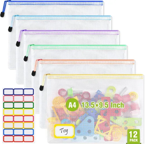 Miniatura 10 de Bolsa de malla con cremallera, 6 bolsas de malla de plástico impermeable con cremallera, bolsa de documentos de tamaño B4, bolsas extra grandes