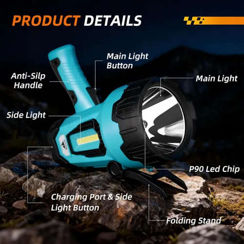 Miniatura 2 de Linterna recargable LED súper brillante IPX4 impermeable Luz de búsqueda de 4 modos con luz COB y trípode plegable 4400 Ah Proyector de mano