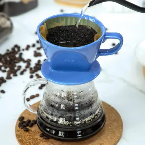 Miniatura 2 de Pour Over Ceramic - Cafetera de cerámica con 3 agujeros de fondo plano, cono de filtro lento de porcelana para viajes, campamento, oficina, hogar
