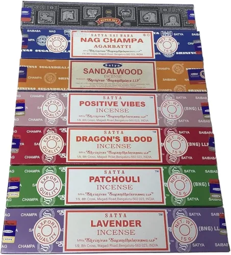 Miniatura 3 de Set de regalo de incienso Satya Nag Champa, Super hit, Dragon's Blood, Sandalwood, Patchouli, Lavender, Positive Vibes 15 g x 7 paquetes