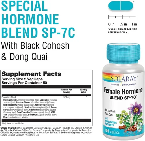 Miniatura 3 de SOLARAY Mezcla de Hormonas Femeninas SP-7C Con Cimicifuga, Dong Quai, Pasiflora, Yam Silvestre y Más 100 Cápsulas Vegetales, 50 Porciones