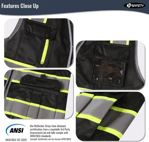 Miniatura 4 de JKSafety Chaleco reflectante de seguridad de alta visibilidad con 9 bolsillos de malla para hombres y mujeres Cremallera frontal Múltiples