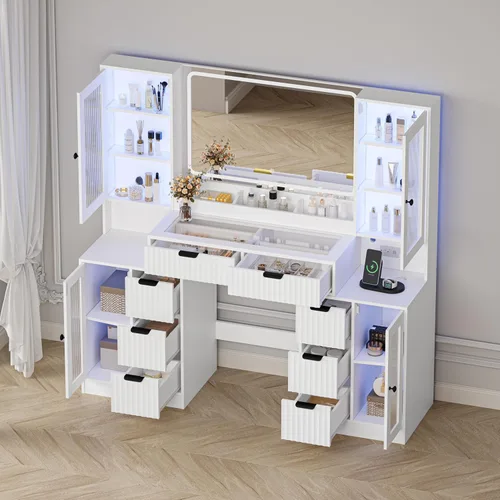 Miniatura 5 de Escritorio de maquillaje estriado con espejo y luces, tocador superior de cristal de 55 pulgadas con 8 cajones y 4 gabinetes de vidrio RGB, estantes