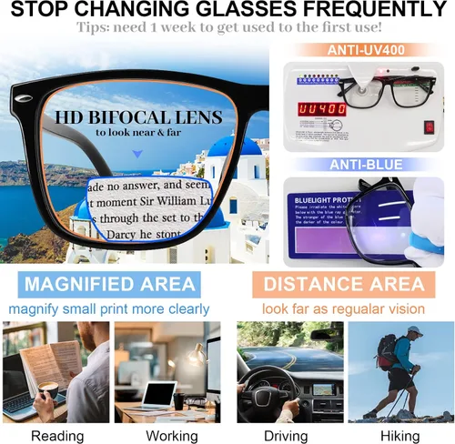 Miniatura 3 de MARE AZZURO Gafas de lectura bifocales de gran tamaño para hombre, con bloqueo de luz azul, lectores 1.0 1.25 1.5 1.75 2.0 2.25 2.5 2.75 3.0 3.5