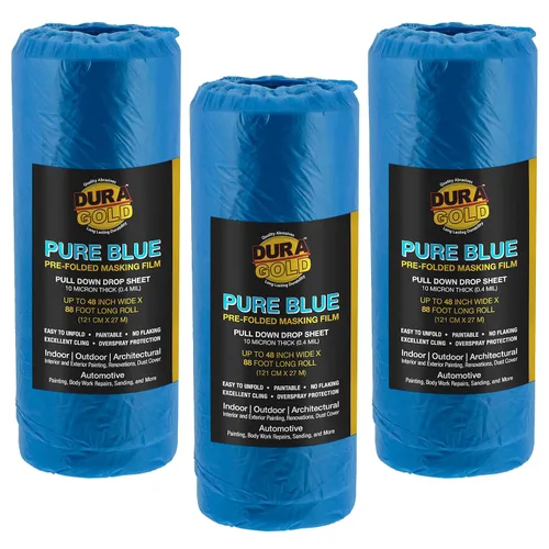 Dura-Gold Película de enmascaramiento preplegada azul puro de 48 pulgadas x 88 pies, paquete de 3 rollos de plástico para pintores (0.4 mil), hoja