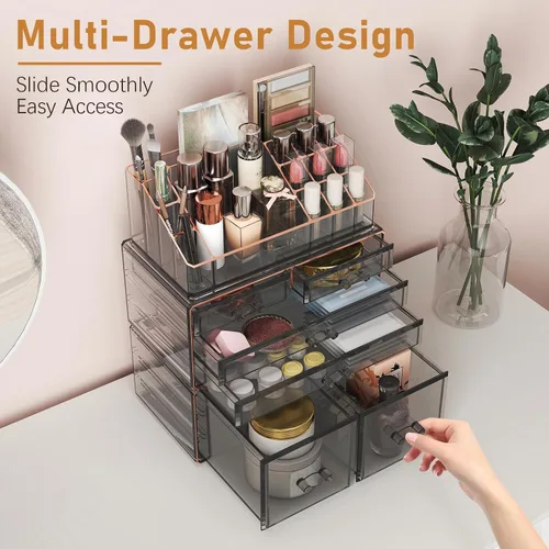 Miniatura 3 de Delamu Organizador de maquillaje de 3 niveles y 6 cajones para encimera, organizador de cosméticos para tocador y tocador, organizador de baño, Negro