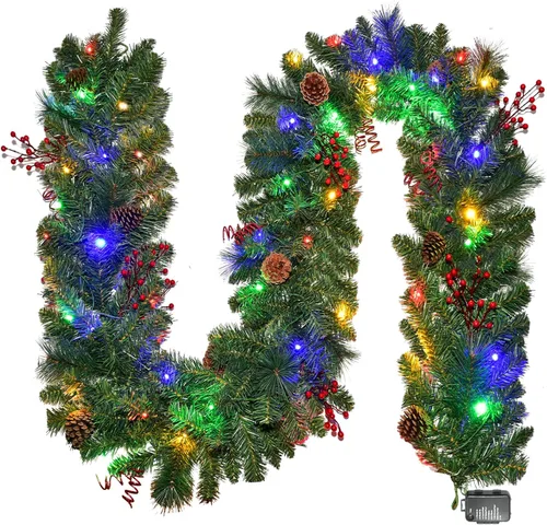 Guirnalda de Navidad con luces de 9 pies, guirnalda de Navidad iluminada, funciona con pilas, 8 modos de iluminación, 50 luces LED, guirnalda de