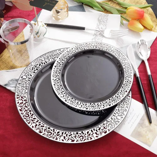 Miniatura 9 de LIYH 350 platos de plástico negro y plateado, juego de vajilla de plástico plateado, cubiertos desechables, platos negros con servilletas, 350
