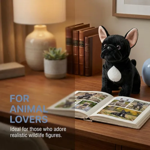 Miniatura 5 de Juguete de peluche de bulldog negro, realista de 13 pulgadas, animal de peluche de perro Bulldog negro, lindo juguete de peluche para cachorros