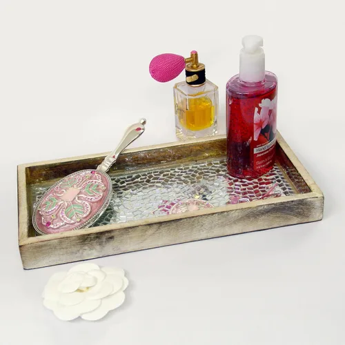 Miniatura 3 de nu steel Bandeja de mosaico para encimera de baño de lujo, soporte para toalla de mano de invitados, reloj, aretes, cepillo de maquillaje, vidrio