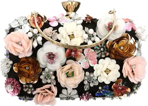 Rkrouco Bolso de mano floral para mujer, bolso de mano de flores coloridas con diamantes de imitación de metal