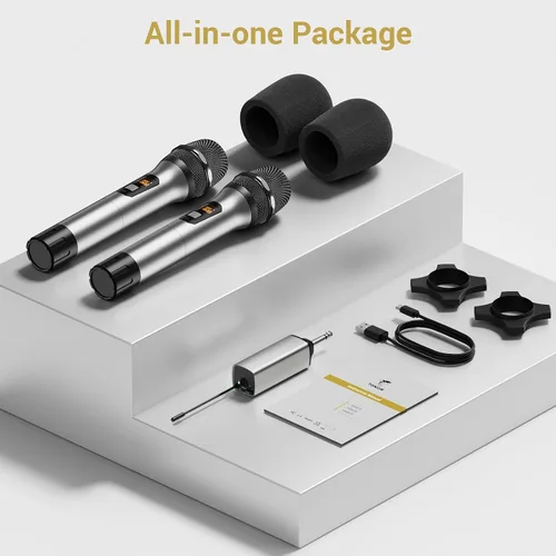 Miniatura 9 de TONOR Micrófonos inalámbricos, sistema de micrófono dinámico de metal inalámbrico dual UHF con receptor recargable, para canto de karaoke, boda, DJ