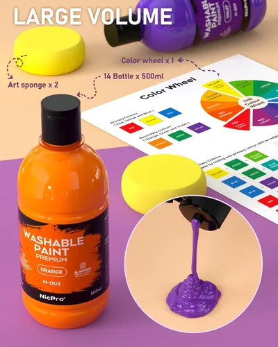 Miniatura 4 de Nicpro Juego de pintura lavable grande de 14 colores para niños (16.9 oz, 500 ml), suministros de pintura acrílica a granel no tóxicos, pintura
