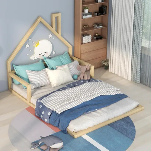 Miniatura 11 de Harper & Bright Designs Cama de piso de casa tamaño individual para niños con cabecero, listones de madera, no necesita somier, natural Natural Con