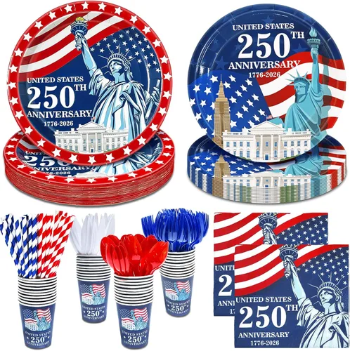 256 piezas de decoración del 4 de julio, 250 aniversario, bandera patriótica estadounidense, suministros para fiesta, 32 4 de julio, platos de papel