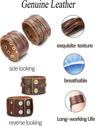 Miniatura 3 de THUNARAZ 2PCS Leather Cuff Bracelet Wrap Wristband Button Bangle for Men Women Adjustable Wide Brown Belt Punk Bracelet