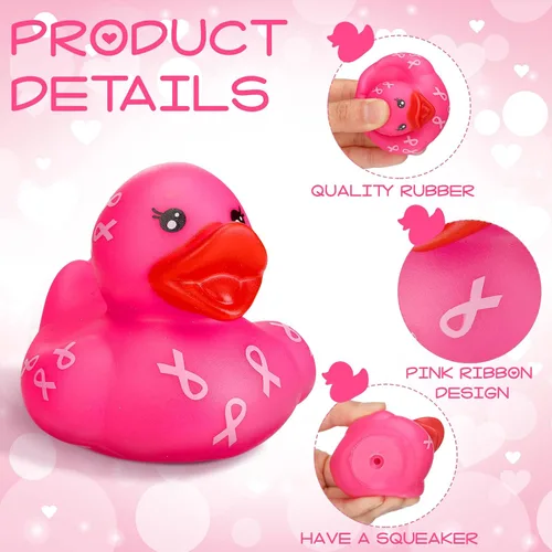 Miniatura 4 de Honoson 12 piezas de patos de goma con cinta rosa sobre el cáncer de mama, mini patos de goma para concientización sobre el cáncer de mama, regalos