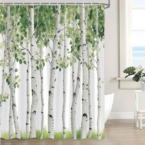 Miniatura 3 de Cortina de ducha de árbol de abedul, hojas verdes, paisaje de bosque, primavera, acuarela, planta rústica, paisaje, cortina de baño con ganchos