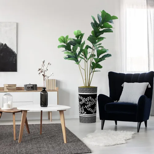 Miniatura 27 de Árbol artificial en macetero contemporáneo con patrón de margaritas, árbol de seda falso Ficus Lyrata para decoración del hogar en interiores