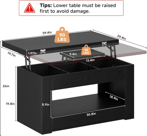 Miniatura 2 de UNIQUITE Mesa de centro elevable de 40 pulgadas, mesas auxiliares de elevación multifunción 4 en 1 con almacenamiento y compartimento oculto, mesas