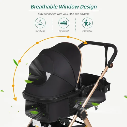 Miniatura 6 de Cochecito de bebé convertible 6 en 1 con moisés con silla de paseo - Silla de recién nacido plegable con saco, cubierta para lluvia, soporte
