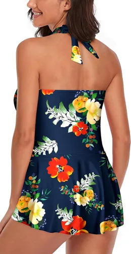 Miniatura 2 de Omichic Traje de baño tankini halter de dos piezas para mujer, con control de abdomen, cuello en V, con pantalones cortos