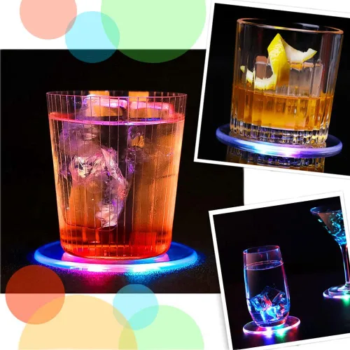 Miniatura 2 de 3 posavasos LED coloridos para cócteles, posavasos redondos ultrafinos con luces LED, posavasos luminosos, 3.9 pulgadas, antideslizantes e