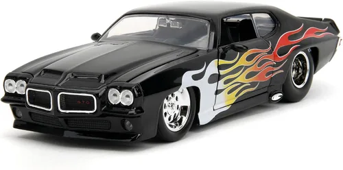 1971 Pontiac GTO Negro con Gráficos de Llama Bigtime Muscle Series 1/24 Diecast Model Car 35022