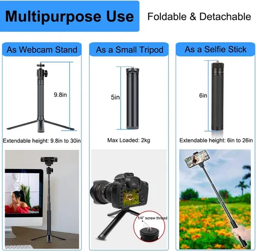 Miniatura 5 de JCWINY Soporte de cámara web de 30 pulgadas de alto, trípode extensible para cámara web de escritorio, trípode para cámara web de aluminio, soporte