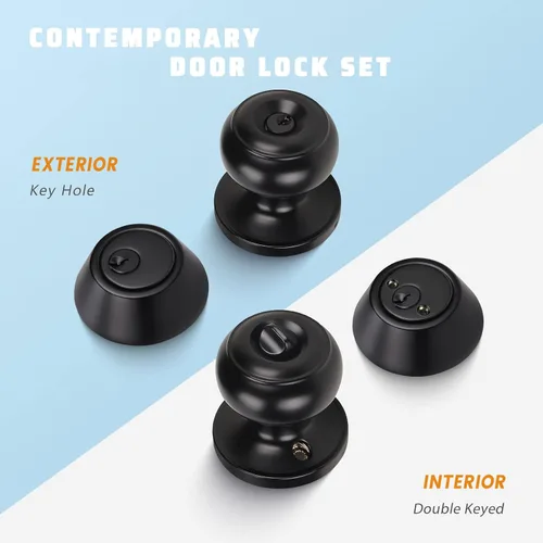 Miniatura 2 de KNOBWELL Juego de perilla de puerta y cerrojo de doble cilindro con llave, juego de cerradura de puerta exterior con cerrojo de seguridad, juego