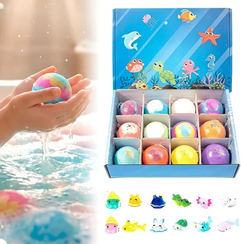 Bombas de baño naturales 2026 para niños con mega burbujas y sorpresa en el interior, paquete de 12 burbujas coloridas naturales con juguetes en el