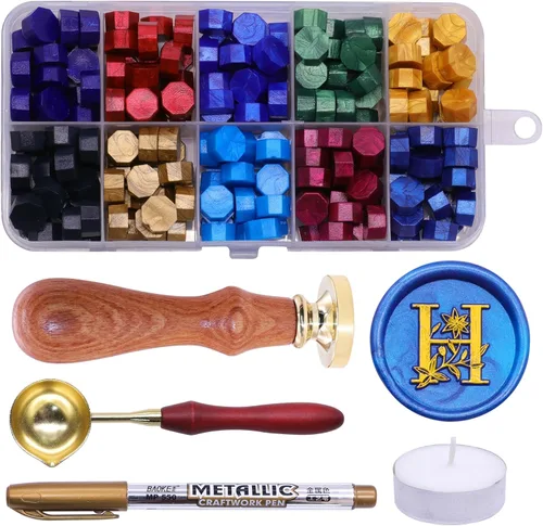Miniatura 12 de SWANGSA Kit de sello de cera con letra inicial del alfabeto A, elegante sello de sellado de letras florales botánicas con 200 cuentas de cera
