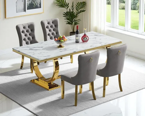 Miniatura 76 de Moderno juego de mesa de comedor de mármol sintético de 68.11 pulgadas para 6, mesa de comedor de mármol blanco y plateado con 6 sillas de Blanco