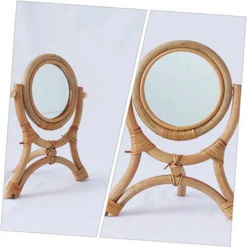 Miniatura 4 de GANAZONO Rattan Makeup Mirror 3-Legged Round Decorative Mirror Adjustable Rotation for Girls Bedroom for Makeup and Decor
