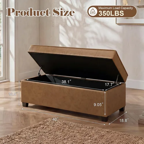 Miniatura 3 de Homebeez Banco otomano de piel sintética de 40 pulgadas, banco tapizado con almacenamiento para sala de estar, dormitorio, entrada