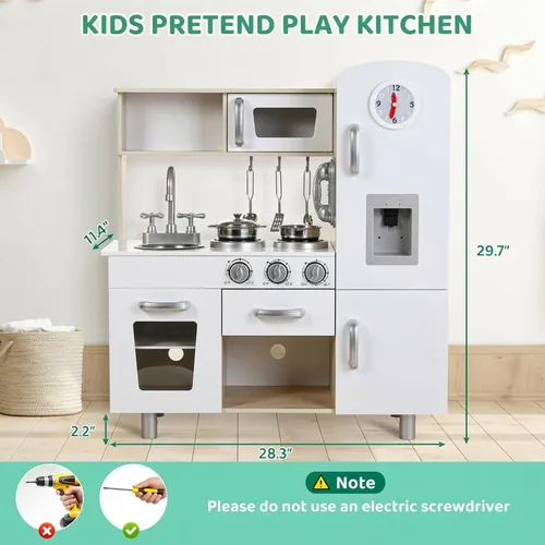 Miniatura 2 de MAMIZO Juego de cocina para niños, cocina preescolar, juguete de madera para niños pequeños con nevera, estufa, utensilios de cocina, teléfono